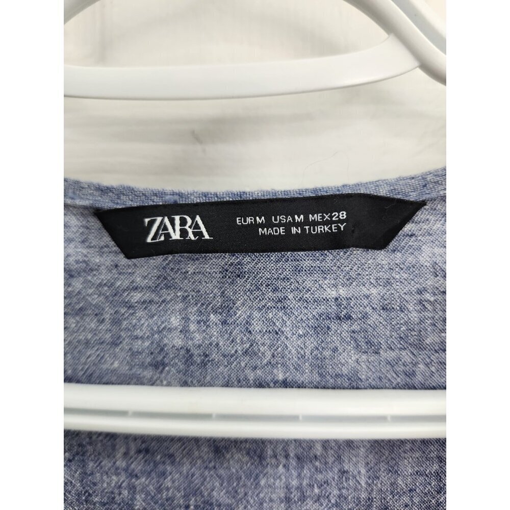 Zara Woman Sz Med Soft Blue Chambray Fabric Tied Sleeves Casual Sophisticated - Picture 3 of 8